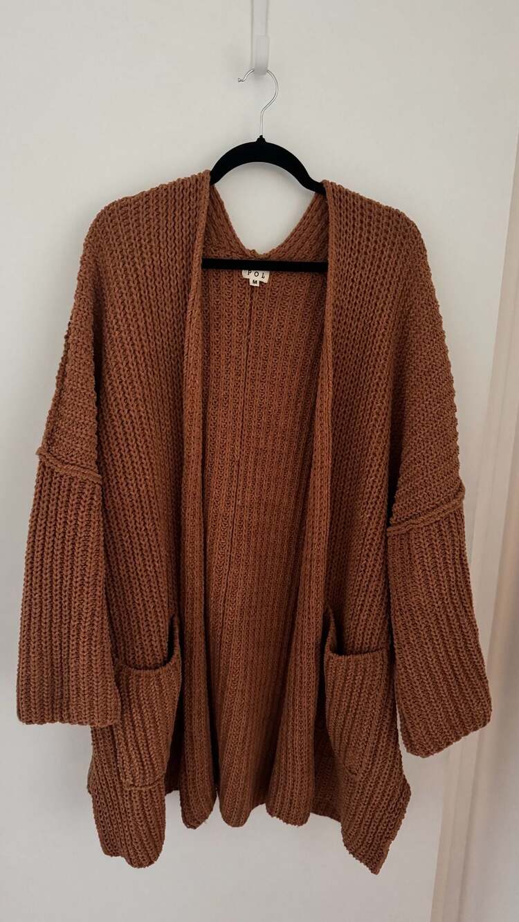 POL Open Front Chunky Knit Cardigan Size M Brown Oversized